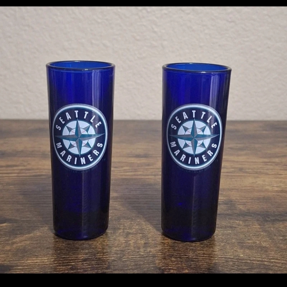 Set Of Two Seattle Mariners 4" Tall 2 oz Cordial Cobalt Blue Shot Glasses.